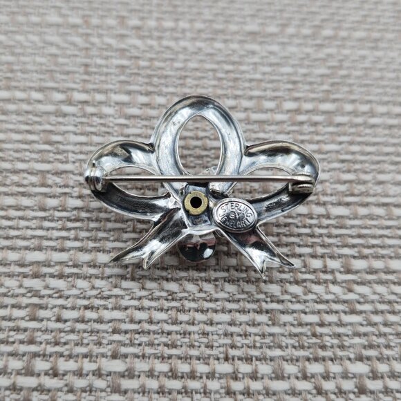 Sterling Silver Flower And Bow Pin Brooch A4300 - Picture 3 of 6